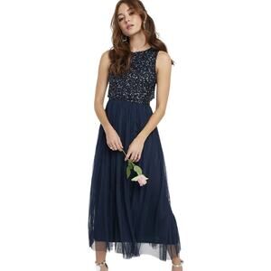 NWT Maya Deluxe Navy Bridesmaid Sleeveless Midi Tulle Dress Sequins 8